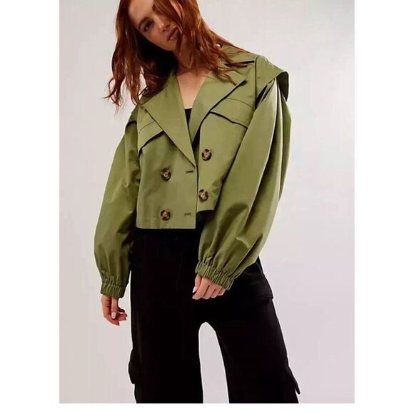Free People Looking Glass Trench Coat Womens XL Green Cropped - Picture 3 of 7